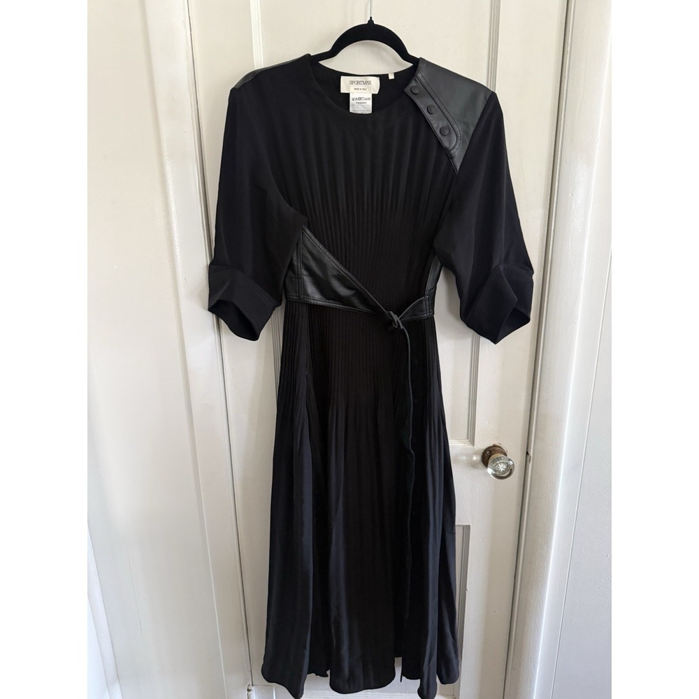 Sportmax By Max Mara Black Leather Trim Crepe Pleated Midi Dress Size 6 Chic